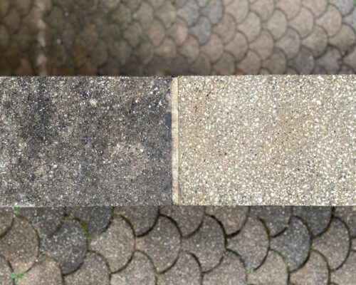 Photo d'un muret côté gauche très sale et côté droit parfaitement lavé